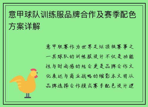意甲球队训练服品牌合作及赛季配色方案详解